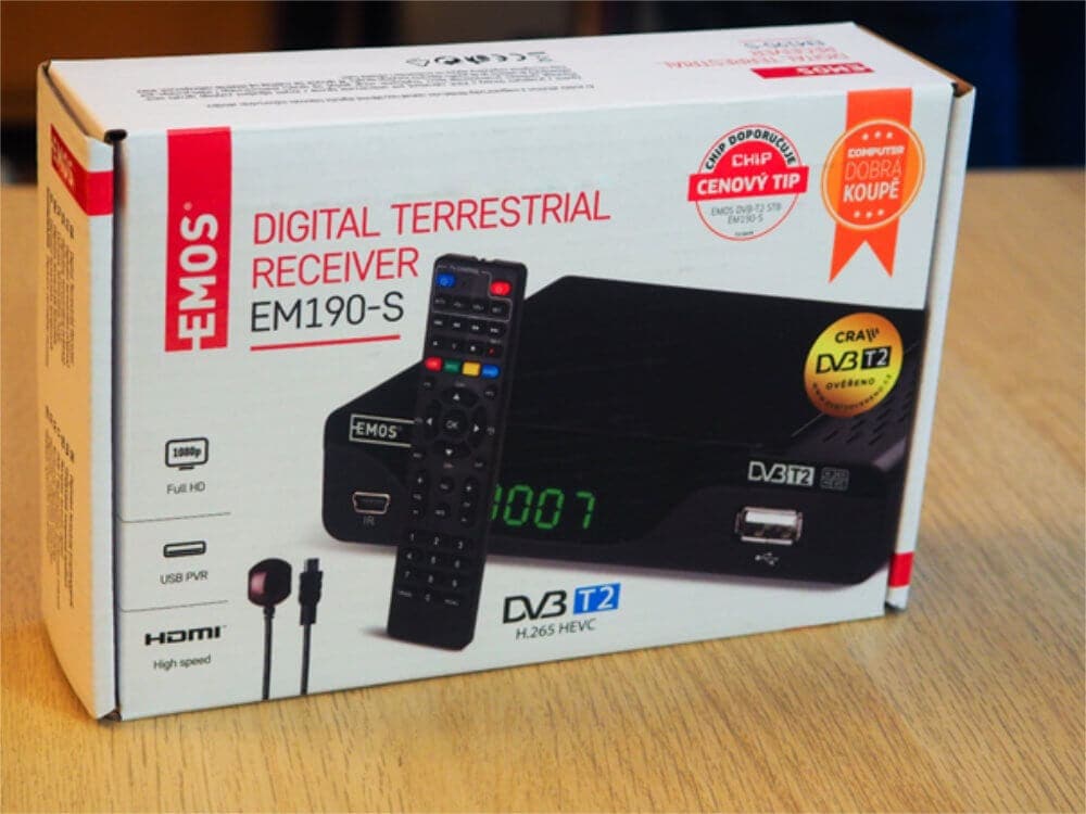 Standard DVB-T2 ověřeno s logem CRA na modelu Emos EM190-S