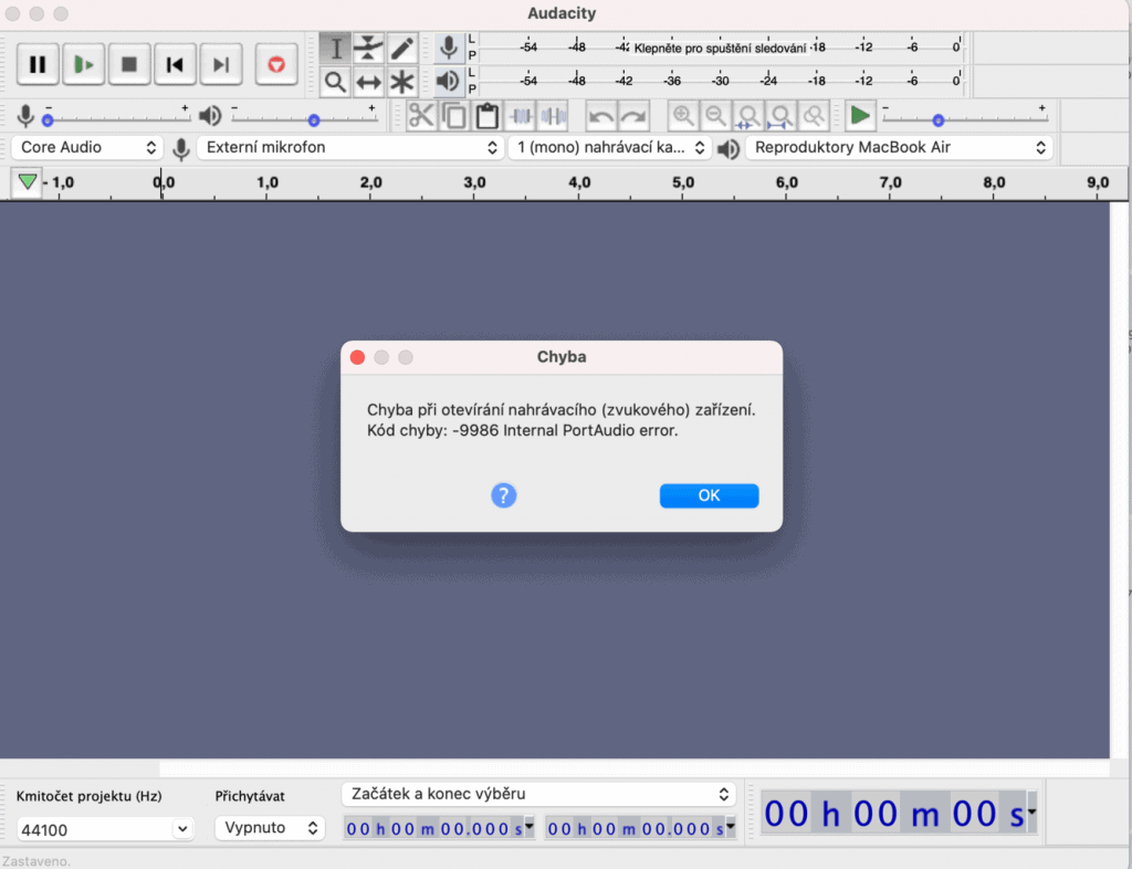 Chybová hláška v Audacity