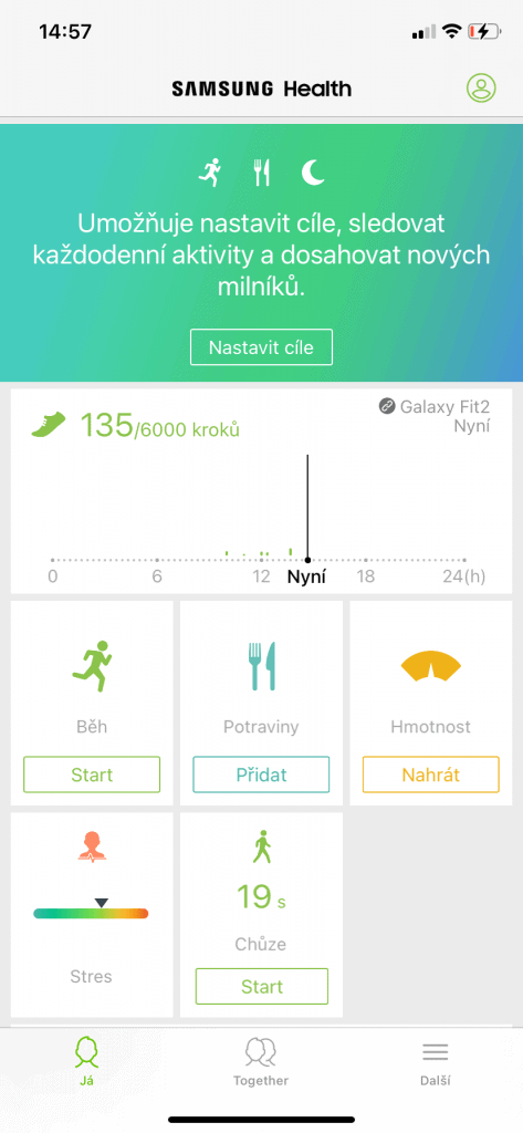 Úvodní obrazovka v aplikaci Samsung Health