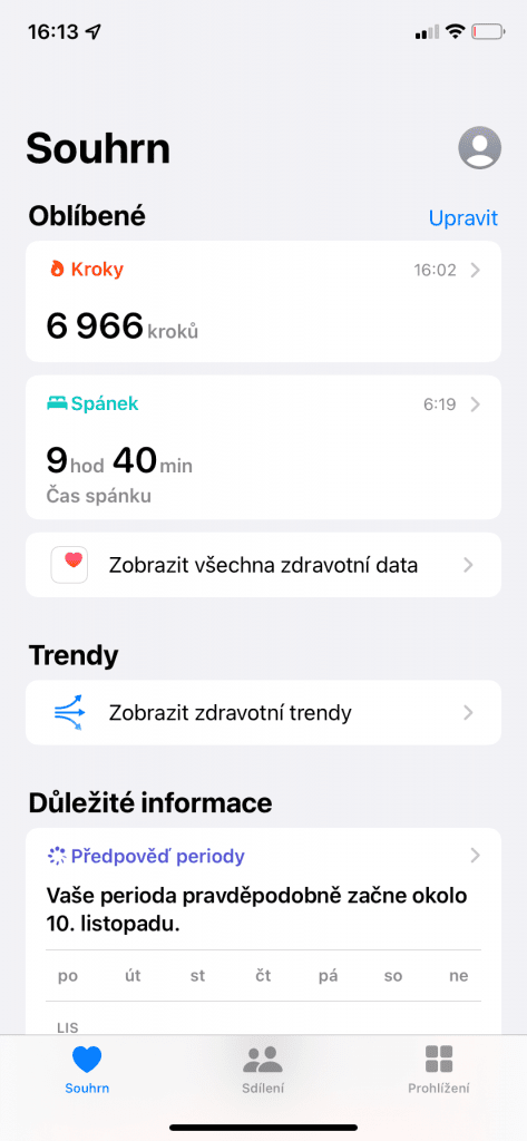 Souhrn v aplikaci Zdraví