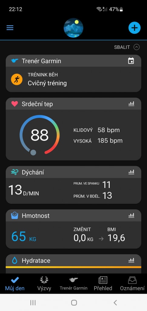 Aplikace Garmin Connect je informačně velmi bohatá