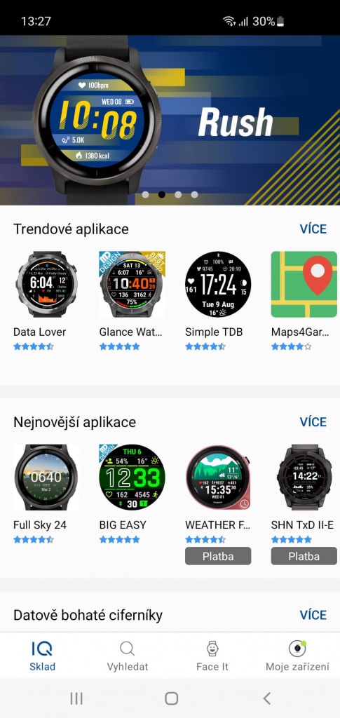 Aplikace Garmin IQ slouží jako obchod s doplňky