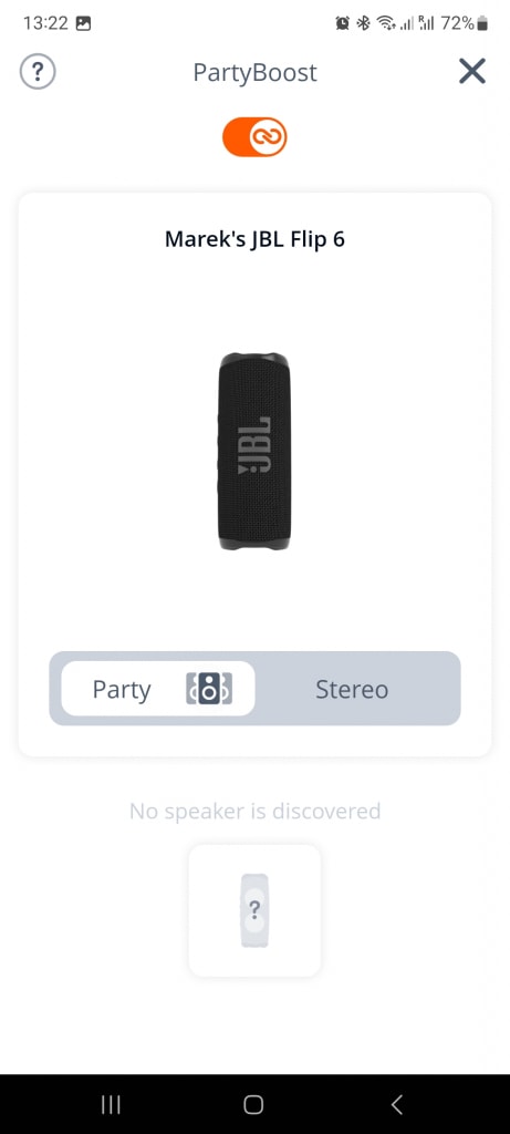 PartyBoost sekce aplikace JBL Portable