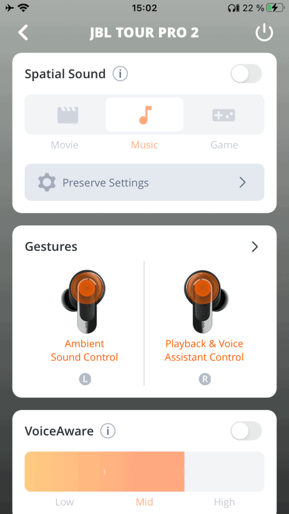 V aplikaci můžete nastavovat všechny funkce, které sluchátka nabízejí