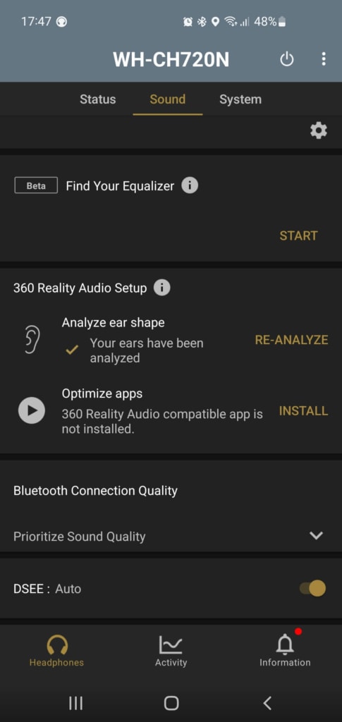 Aplikace Sony Headphones je přehledná a dobře se v ní orientuje