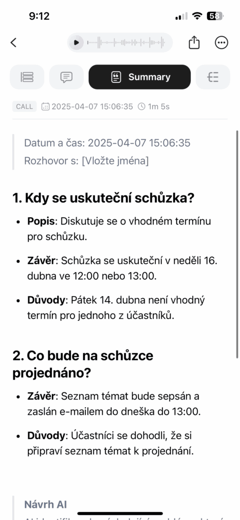 Příklad použití šablony na telefonní hovor