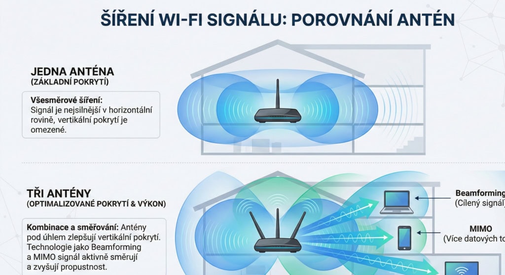 Jedna anténa vs. více antén a šíření signálu (Foto: Ilustrace Gemini)