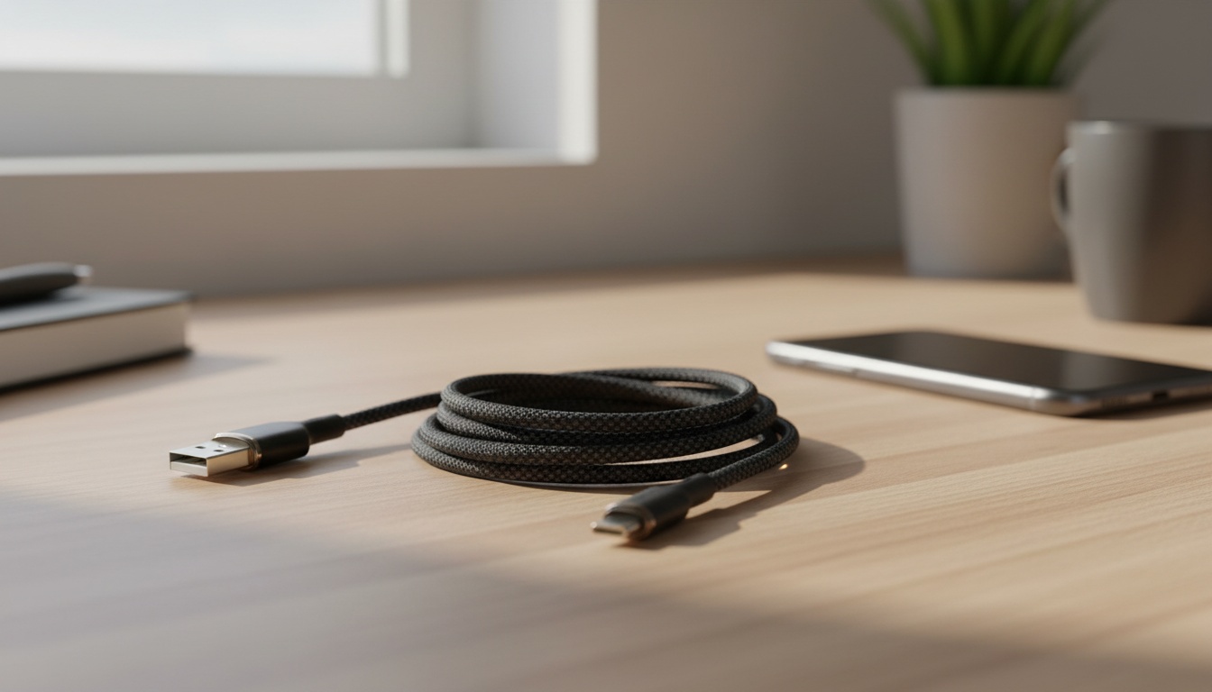 Opletený USB-A na USB-C kabel Sologic z Action na pracovním stole