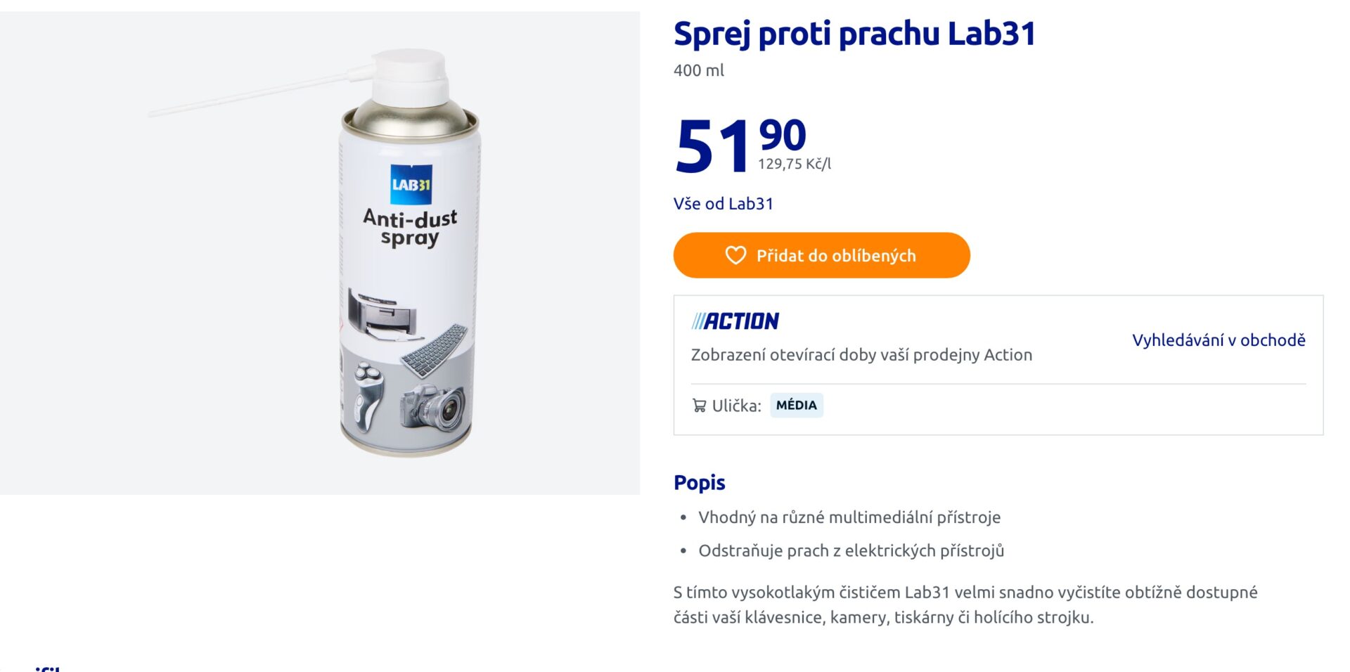 Na webu Action se sprej proti prachu Lab31 prodává za 51,90 koruny. Foto: Screenshot, https://www.action.com/cs-cz/p/2575572/sprej-proti-prachu-lab31/