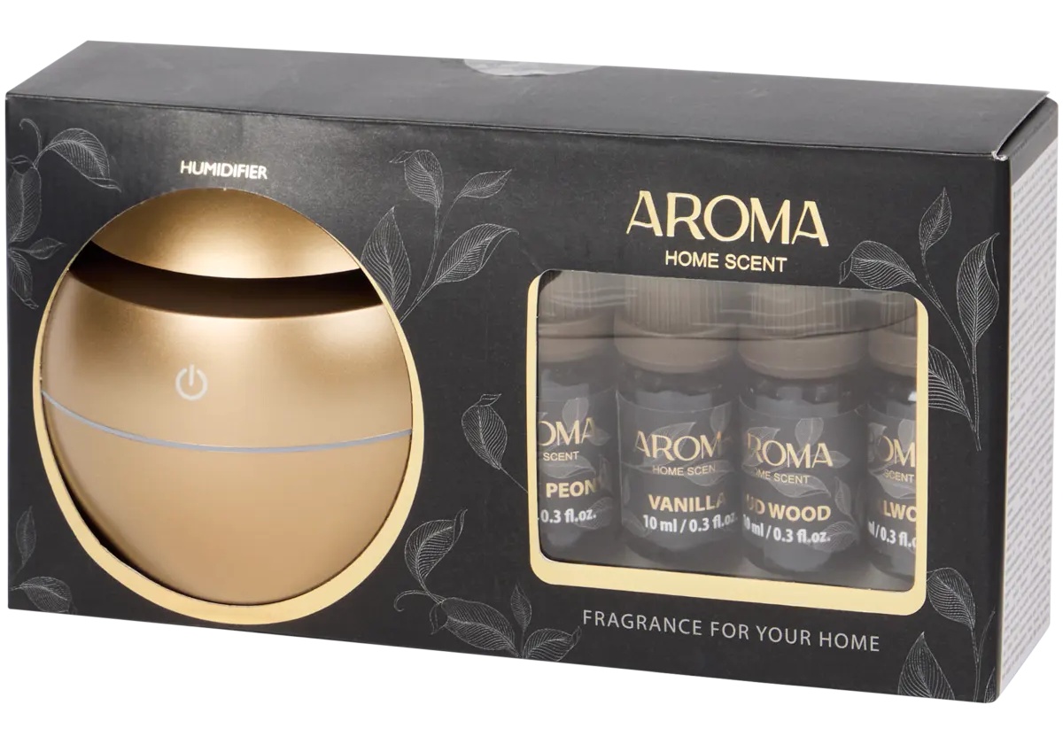 V sadě Aroma Home Scent je difuzér i čtveřice vonných olejů, mezi nimi santal a vanilka. Zdroj: Oficiální materiály distributora.