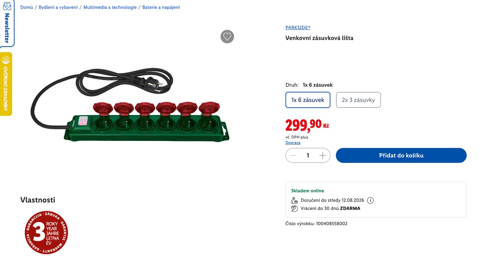 Produktová karta uvádí cenu 299,90 Kč, obě varianty i pečeť tříleté záruky. Foto: Screenshot, https://www.lidl.cz/p/parkside-venkovni-zasuvkova-lista/p100408558002