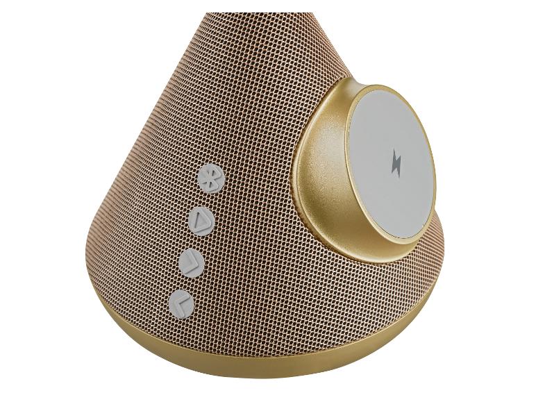 V kuželovém podstavci je schovaný Bluetooth reproduktor a tlačítka ovládají hudbu, hlasitost i jas světla. Zdroj: Oficiální materiály distributora.