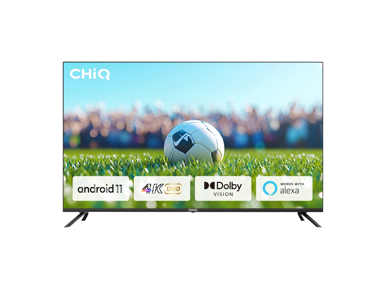 Televize běží na systému Android 11 a podporuje 4K, Dolby Vision i hlasové ovládání přes Alexu. Zdroj: Oficiální materiály distributora.