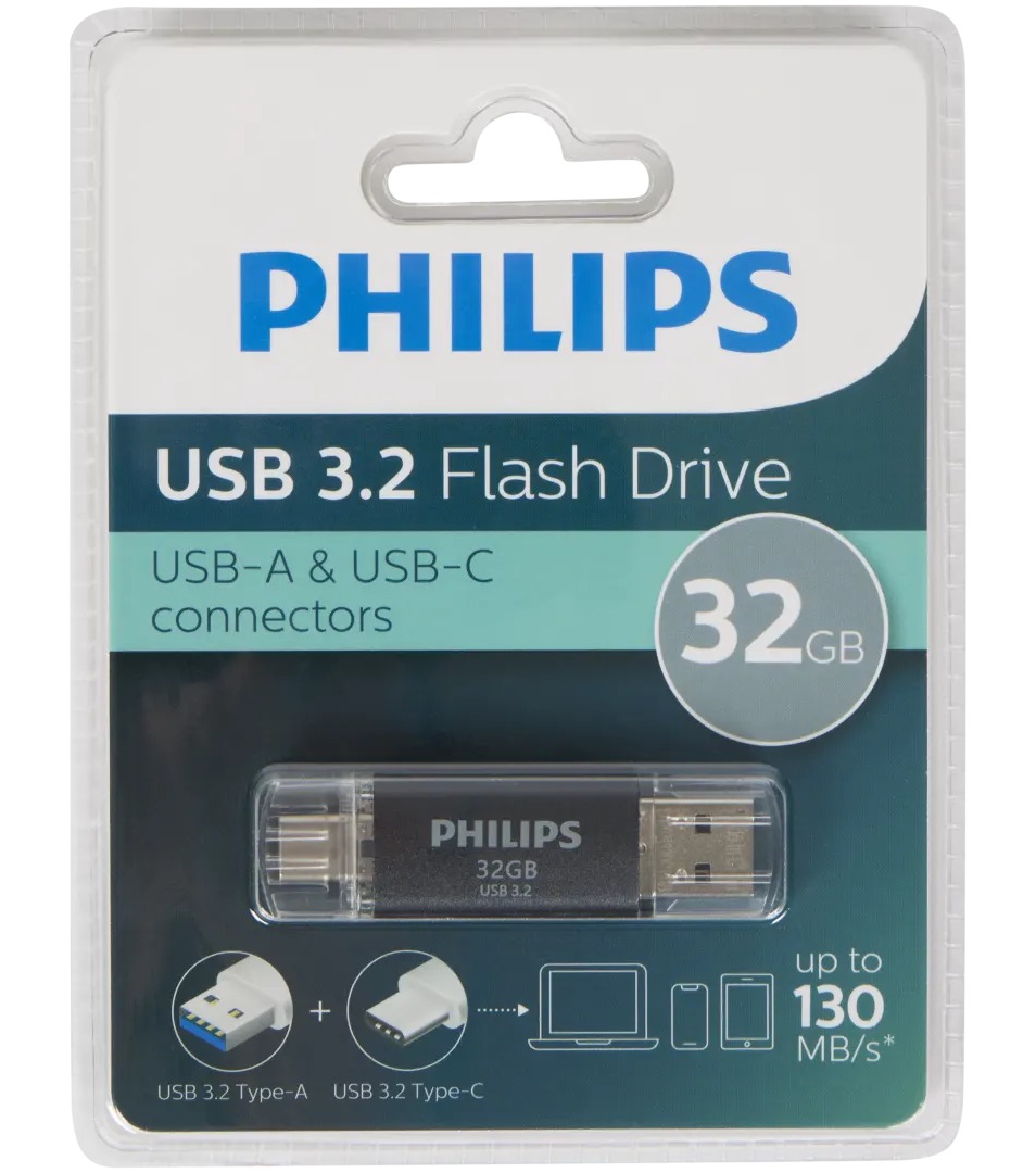 Balení prozrazuje dvojici konektorů USB-A a USB-C i kapacitu 32 GB. Zdroj: Oficiální materiály distributora.