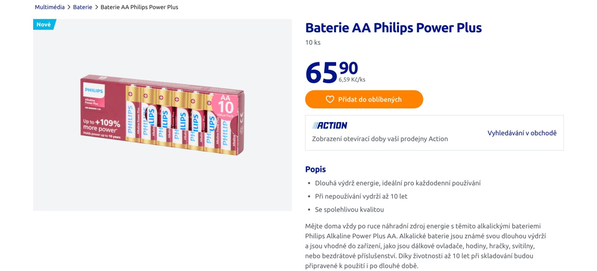 Na produktové stránce Action stojí balení 65,90 Kč, tedy 6,59 Kč za kus. Foto: Screenshot, https://www.action.com/cs-cz/p/3225981/baterie-aa-philips-power-plus/