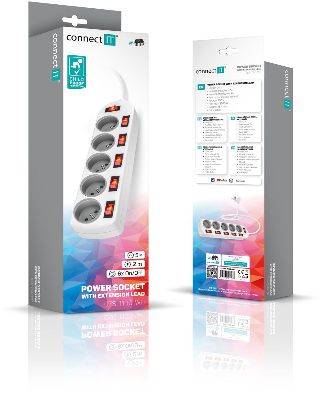 Balení prodlužovačky Connect IT CES-1100-WH s pěti zásuvkami a šesti vypínači. Zdroj: Oficiální materiály distributora.