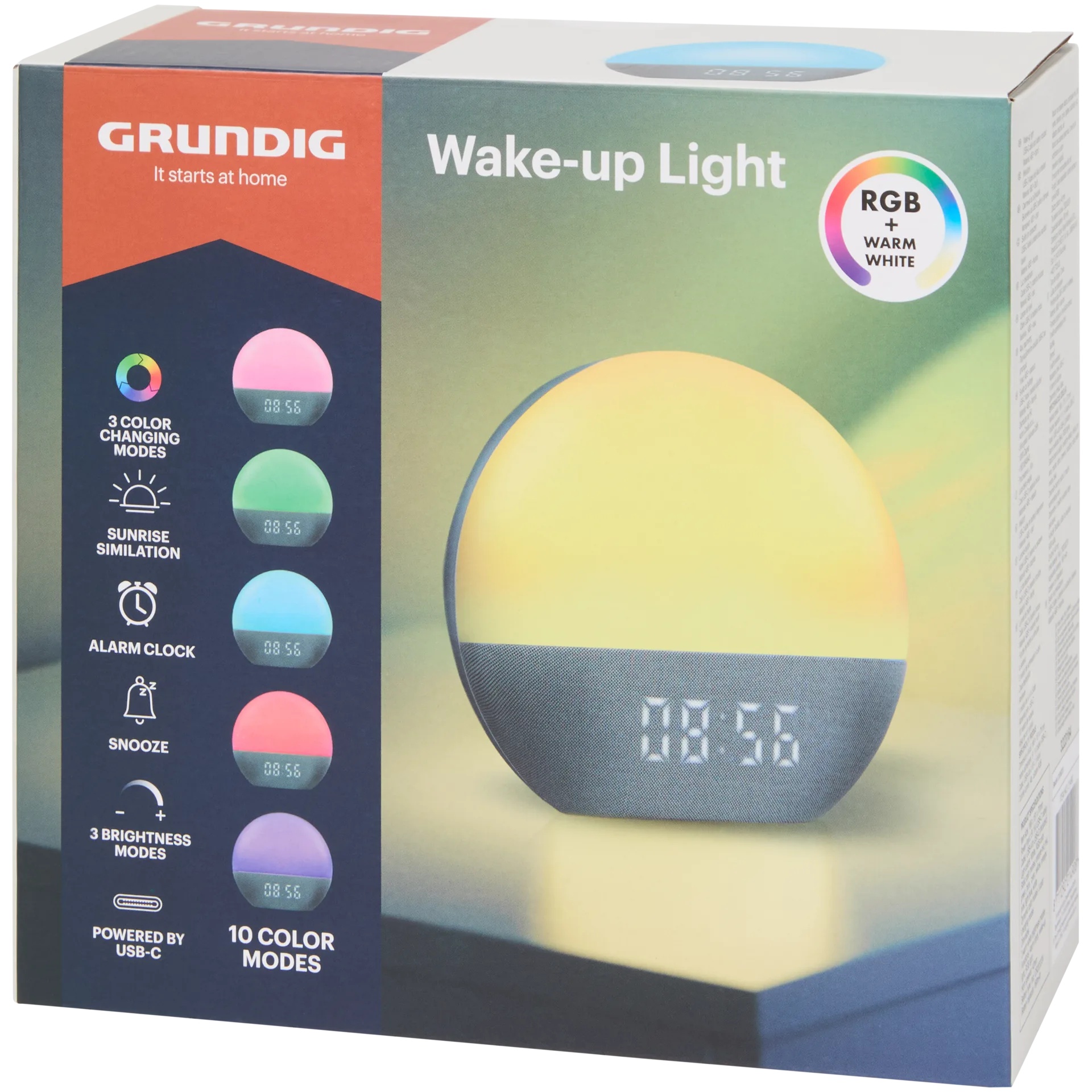Grundig Wake-up Light slibuje deset barevných režimů, tři úrovně jasu i simulaci svítání. Zdroj: Oficiální materiály distributora.