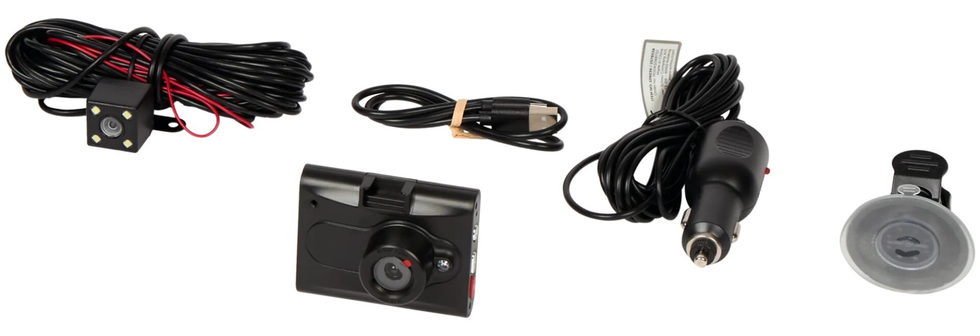 V balení najdete přední i zadní kameru, nabíječku do autozásuvky, USB kabel a přísavný držák na sklo. Zdroj: Oficiální materiály distributora.
