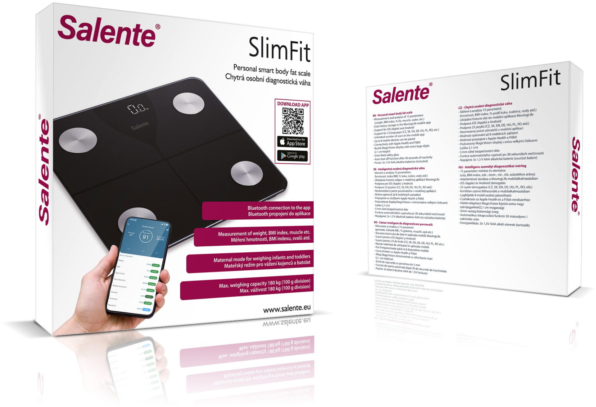 Váha Salente SlimFit unese až 180 kg a baterie má už vložené v balení. Zdroj: Oficiální materiály distributora.