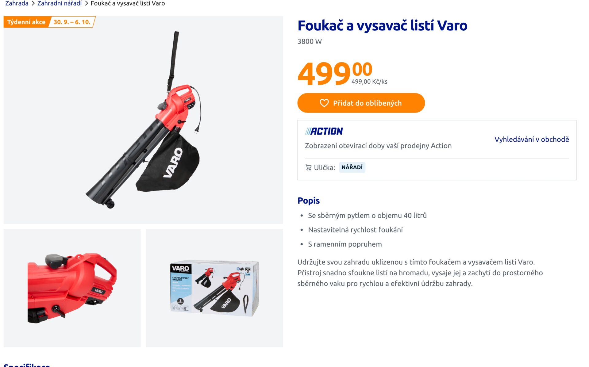 V týdenní akci do 6. října vyjde foukač a vysavač listí Varo na 499 korun. Foto: Screenshot, https://www.action.com/cs-cz/p/3225335/foukac-a-vysavac-listi-varo/