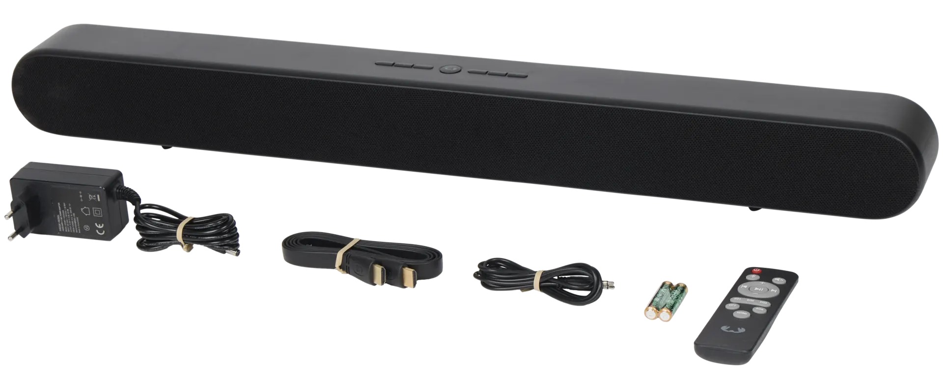 V balení je kromě lišty síťový adaptér, kabely HDMI a AUX a ovladač s bateriemi. Zdroj: Oficiální materiály distributora.