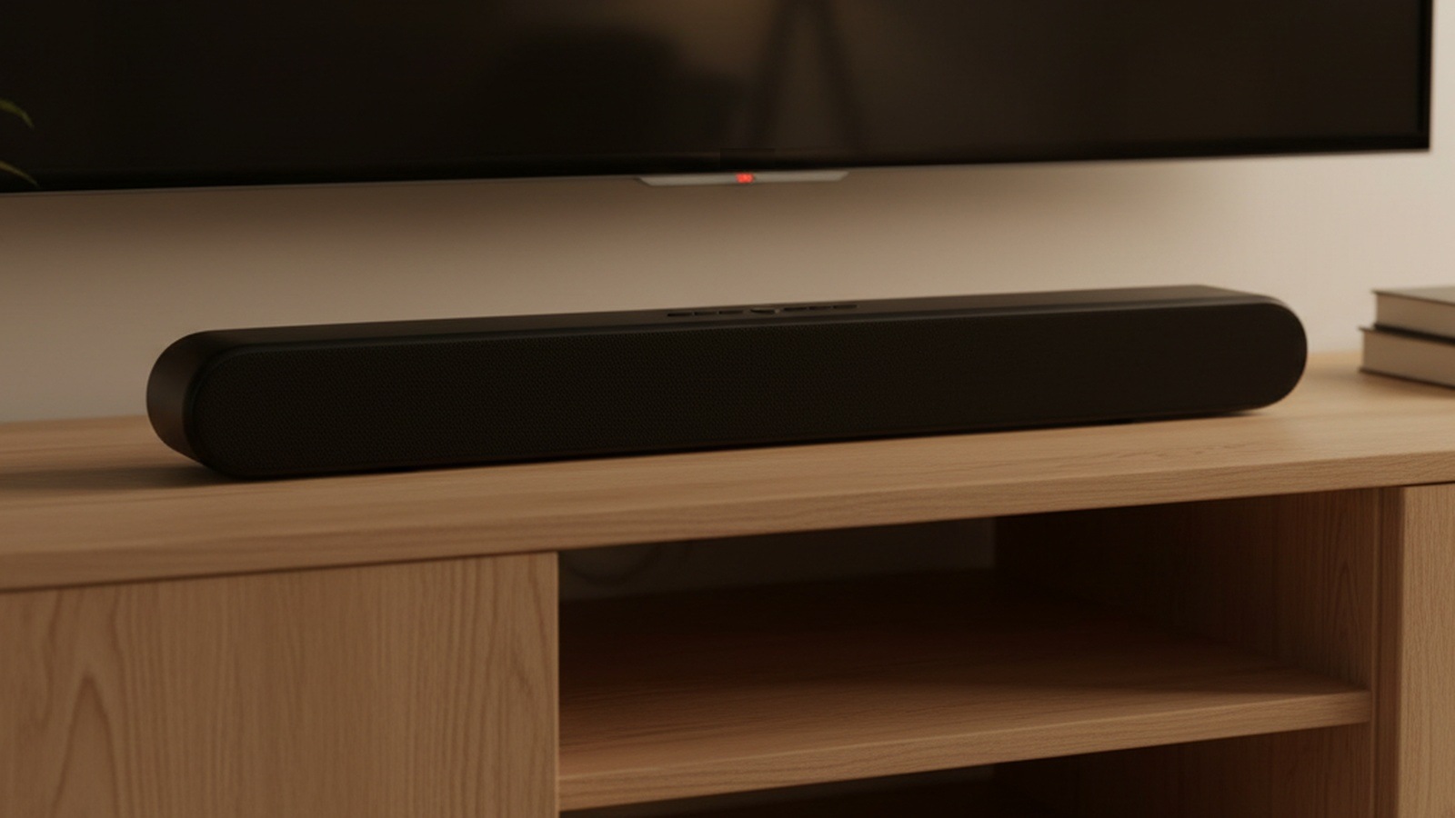 Lišta se vejde na skříňku pod televizi, kde ji drží nízké nožky. Foto: Oficiální materiály distributora, dotvořeno redakcí s využitím nástrojů AI.
