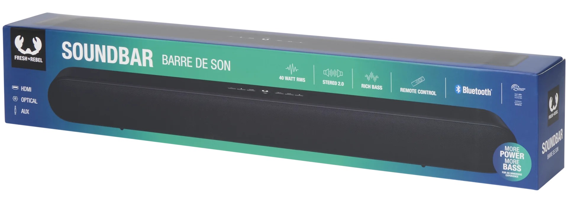 Na krabici jsou vypsané vstupy HDMI, optický a AUX i podpora Bluetooth. Zdroj: Oficiální materiály distributora.